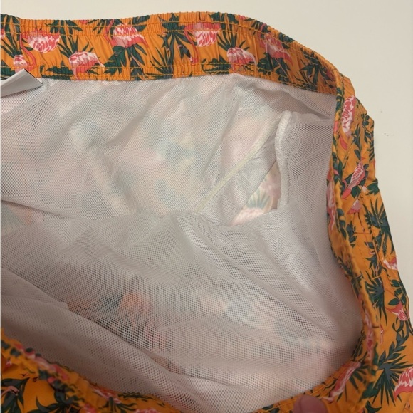 Men’s Flamingo Print Swim Trunks | Tropical Orange Shorts - Picture 2 of 4
